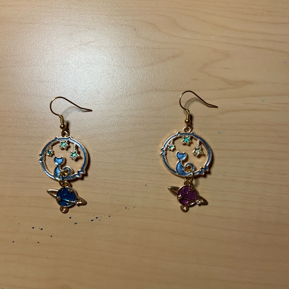 Handmade cat/space earrings. Gold plated hooks